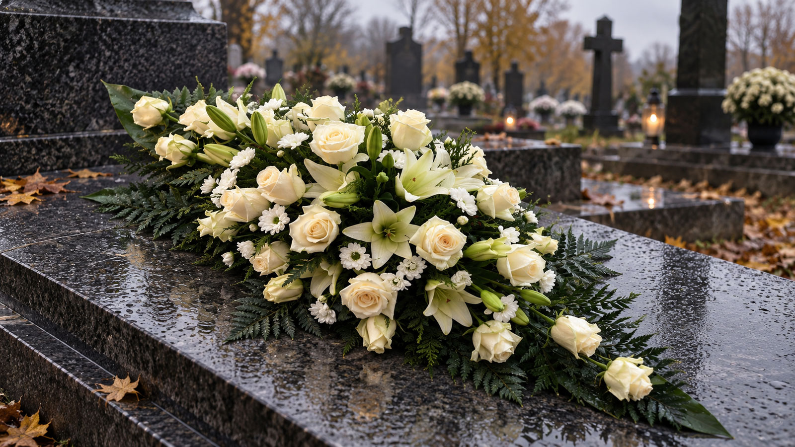 Biała wiązanka na mokrym grobie
